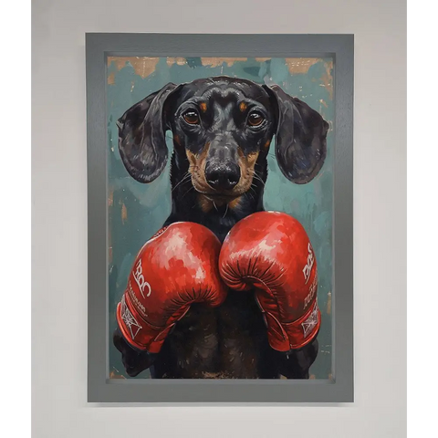 Sausage Dog Boxing Framed Print - A3 (29.7 x 42 cm) / Dark Grey - Framed Print