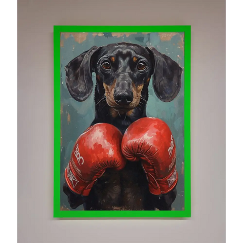 Sausage Dog Boxing Framed Print - A3 (29.7 x 42 cm) / Neon Dark Green - Framed Print
