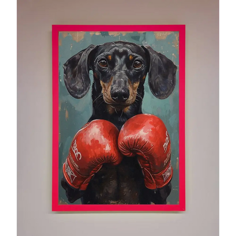 Sausage Dog Boxing Framed Print - A3 (29.7 x 42 cm) / Neon Pink - Framed Print