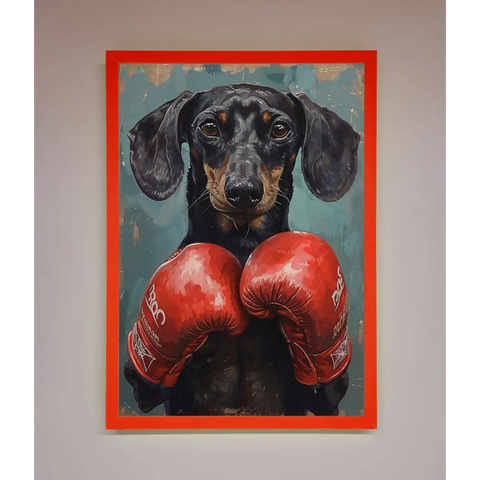 Sausage Dog Boxing Framed Print - A3 (29.7 x 42 cm) / Neon Red - Framed Print