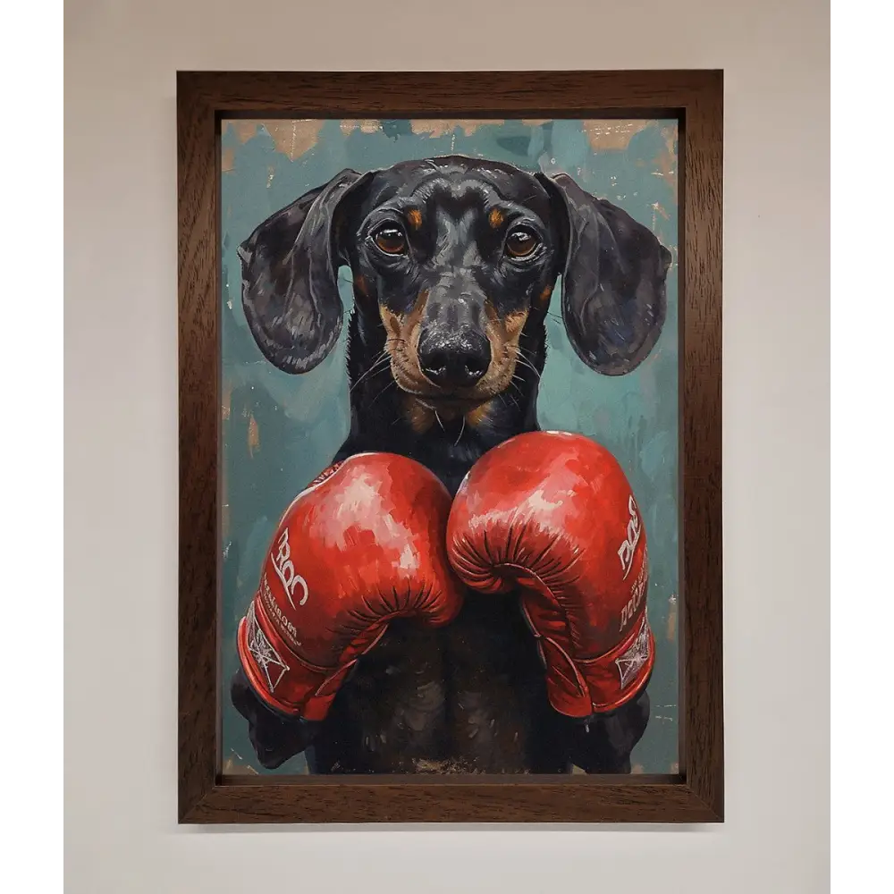 Sausage Dog Boxing Framed Print - A3 (29.7 x 42 cm) / Walnut - Framed Print