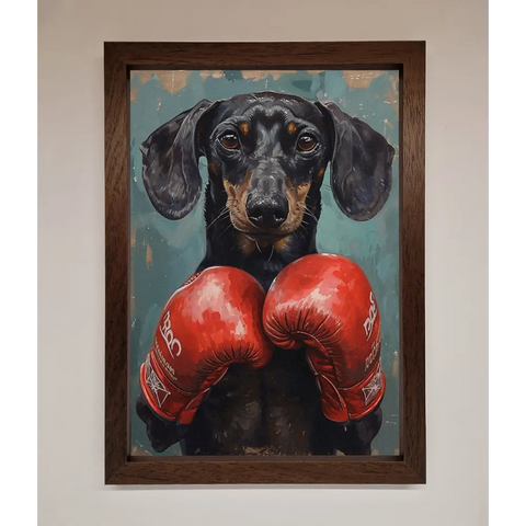 Sausage Dog Boxing Framed Print - A3 (29.7 x 42 cm) / Walnut - Framed Print