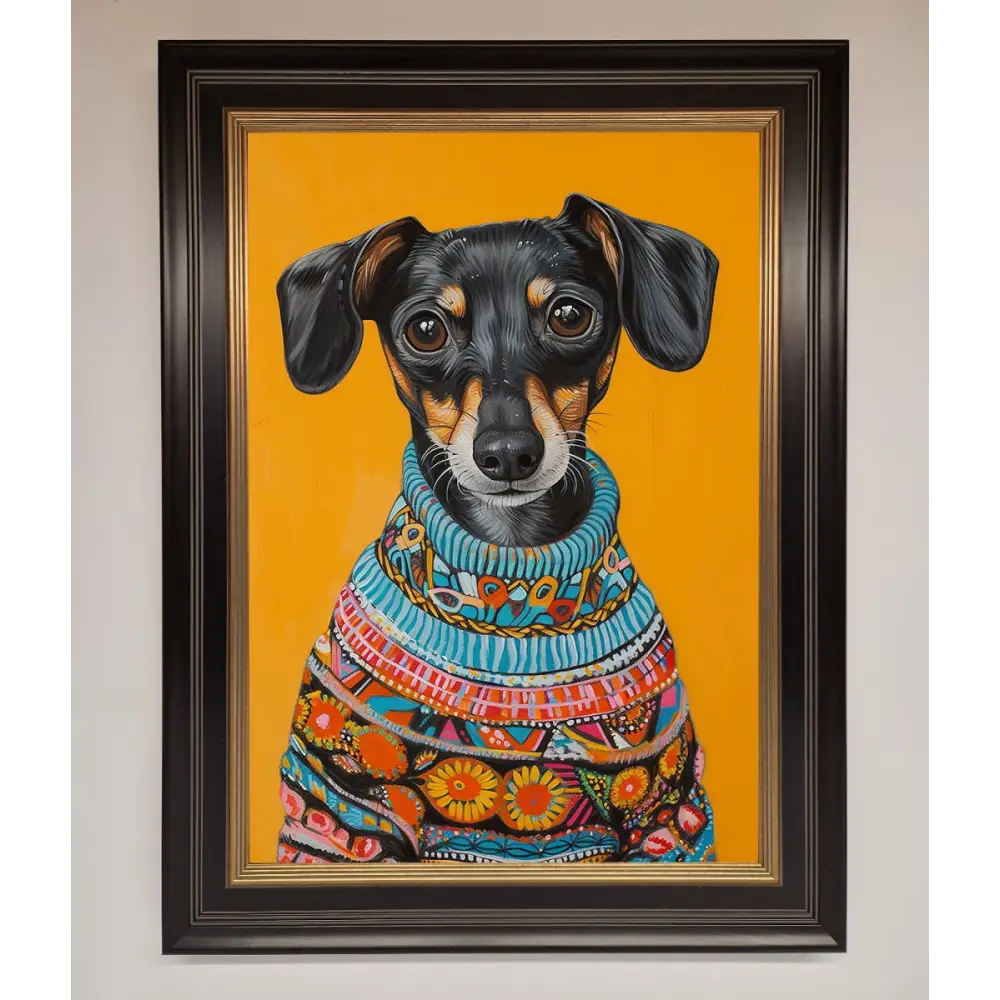 Sausage Dog In A Sweater Framed Print - A3 (29.7 x 42 cm) / Black Gold - Framed Print