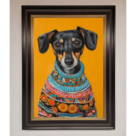 Sausage Dog In A Sweater Framed Print - A3 (29.7 x 42 cm) / Black Gold - Framed Print