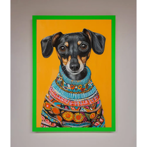 Sausage Dog In A Sweater Framed Print - A3 (29.7 x 42 cm) / Neon Dark Green - Framed Print