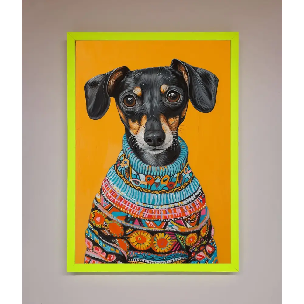 Sausage Dog In A Sweater Framed Print - A3 (29.7 x 42 cm) / Neon Green - Framed Print