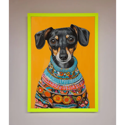 Sausage Dog In A Sweater Framed Print - A3 (29.7 x 42 cm) / Neon Green - Framed Print