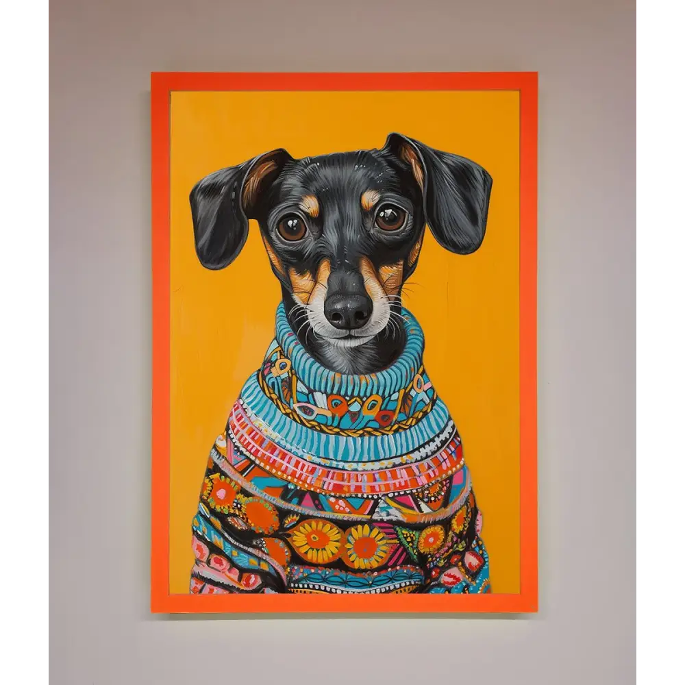 Sausage Dog In A Sweater Framed Print - A3 (29.7 x 42 cm) / Neon Orange - Framed Print
