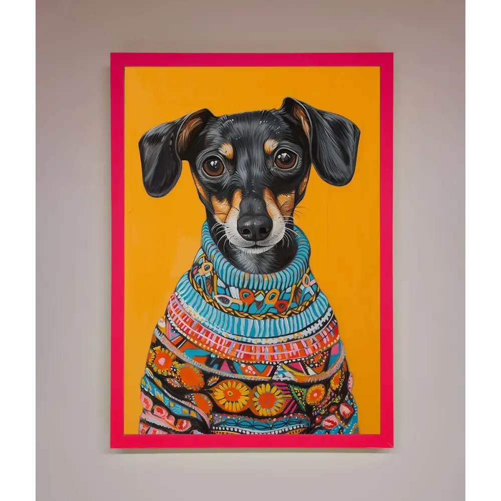 Sausage Dog In A Sweater Framed Print - A3 (29.7 x 42 cm) / Neon Pink - Framed Print