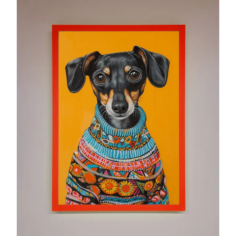 Sausage Dog In A Sweater Framed Print - A3 (29.7 x 42 cm) / Neon Red - Framed Print