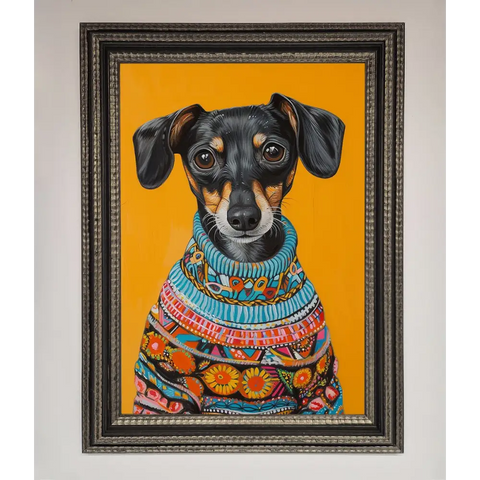 Sausage Dog In A Sweater Framed Print - A3 (29.7 x 42 cm) / Ornate Silver Black - Framed Print
