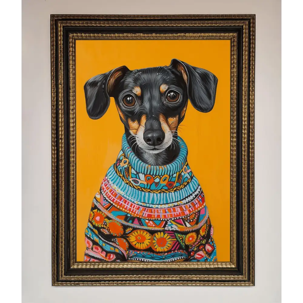 Sausage Dog In A Sweater Framed Print - A3 (29.7 x 42 cm) / Ornate Gold Black - Framed Print