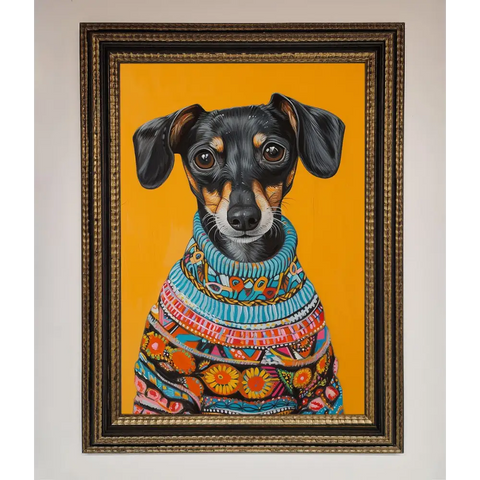 Sausage Dog In A Sweater Framed Print - A3 (29.7 x 42 cm) / Ornate Gold Black - Framed Print