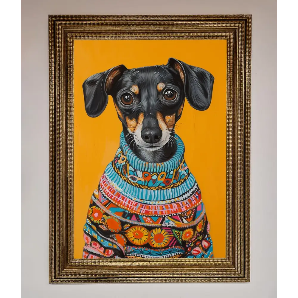 Sausage Dog In A Sweater Framed Print - A3 (29.7 x 42 cm) / Ornate Gold - Framed Print