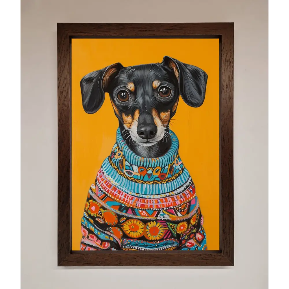 Sausage Dog In A Sweater Framed Print - A3 (29.7 x 42 cm) / Walnut - Framed Print