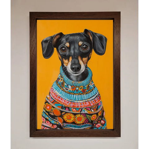 Sausage Dog In A Sweater Framed Print - A3 (29.7 x 42 cm) / Walnut - Framed Print