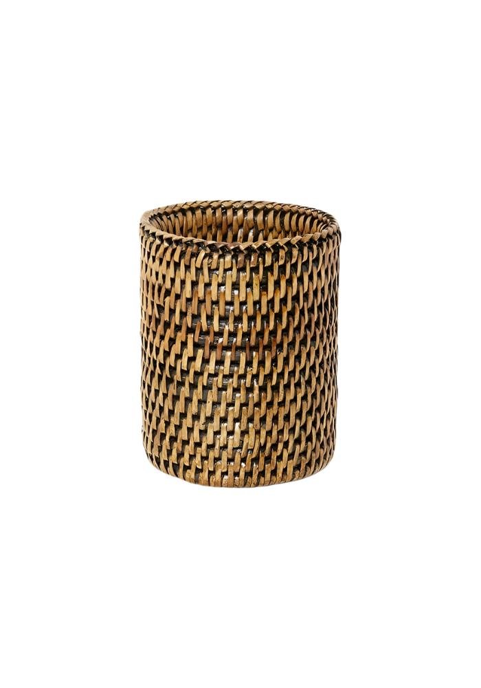 Savannah pen pot bottle holder in brown woven rattan with natural and darkened cylindrical pattern