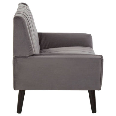 Gray velvet armchair with tufted back and dark wooden legs as part of savina 2-seat grey sofa design