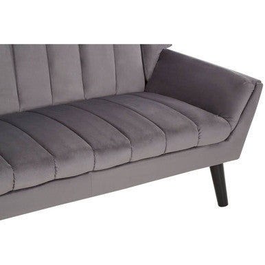 Savina 2 seat grey sofa with tufted grey velvet cushions and sleek black legs perfect 2 seat grey sofa option