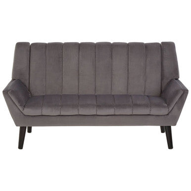 Savina 2-seat grey sofa features a grey velvet sofa with tufted back and seat cushions on sleek black legs