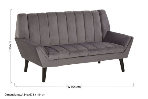 Savina 2-seat grey sofa with tufted grey velvet upholstery and dark wooden legs perfect as a 2-seat grey sofa