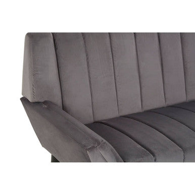 Savina 2-seat grey sofa in soft grey velvet with vertical channel tufting and matching armrests for cozy seating