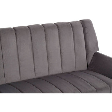 Gray velvet savina 2-seat grey sofa with vertical channel tufting and matching seat cushions for stylish seating