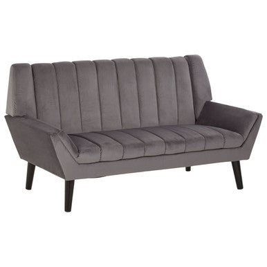 Savina 2-seat grey sofa in grey velvet with vertical pleats and tapered black legs perfect as a cozy 2-seat grey sofa
