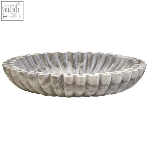 Savio large grey fluted marble bowl with scalloped rim and subtle veining perfect for compact surfaces