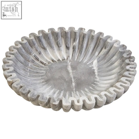 Gray marble bowl with fluted petal-like rim and subtle veining perfect for compact surfaces and elegant decor