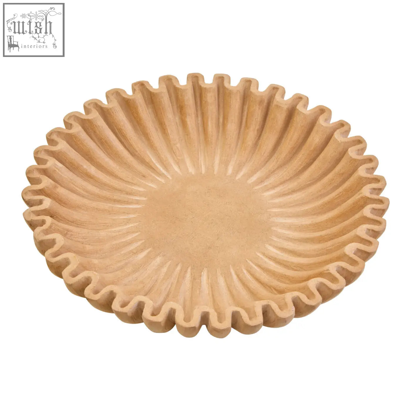Beige terracotta dish with sunburst pattern and scalloped rim in savio large ochre marble bowl design