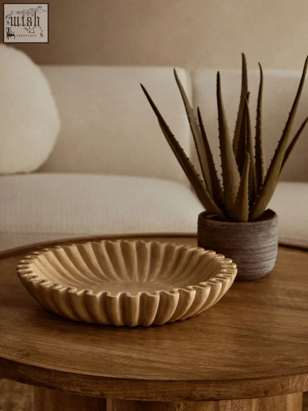 Beige ceramic ochre marble bowl with fluted petal rim and subtle radial grooves perfect for serving or decor