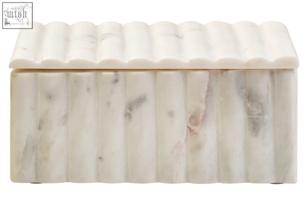 Savio rectangular white marble box with vertical ribbed texture grey veining and matching scalloped lid