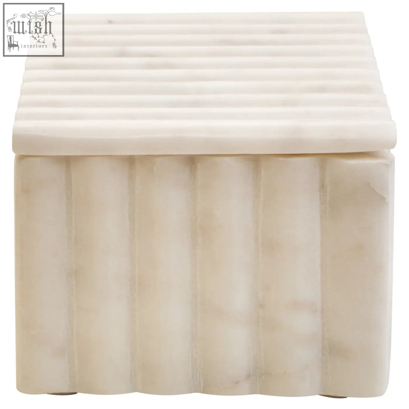 Cream-colored white marble box with vertical ribbed texture and subtle grey veining and matching lid