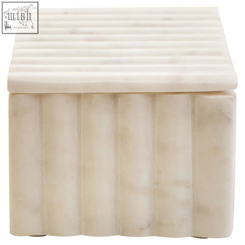 Cream-colored white marble box with vertical ribbed texture and subtle grey veining and matching lid