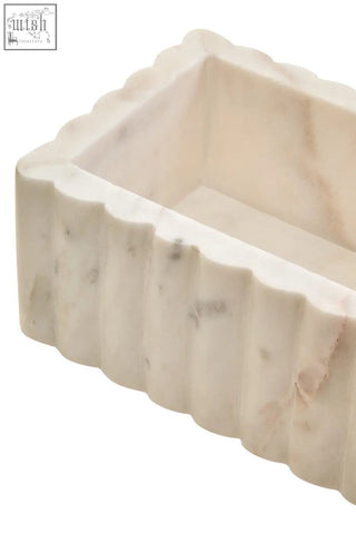 Savio rectangular white marble box with fluted edges and subtle grey veining on a cream marble tray