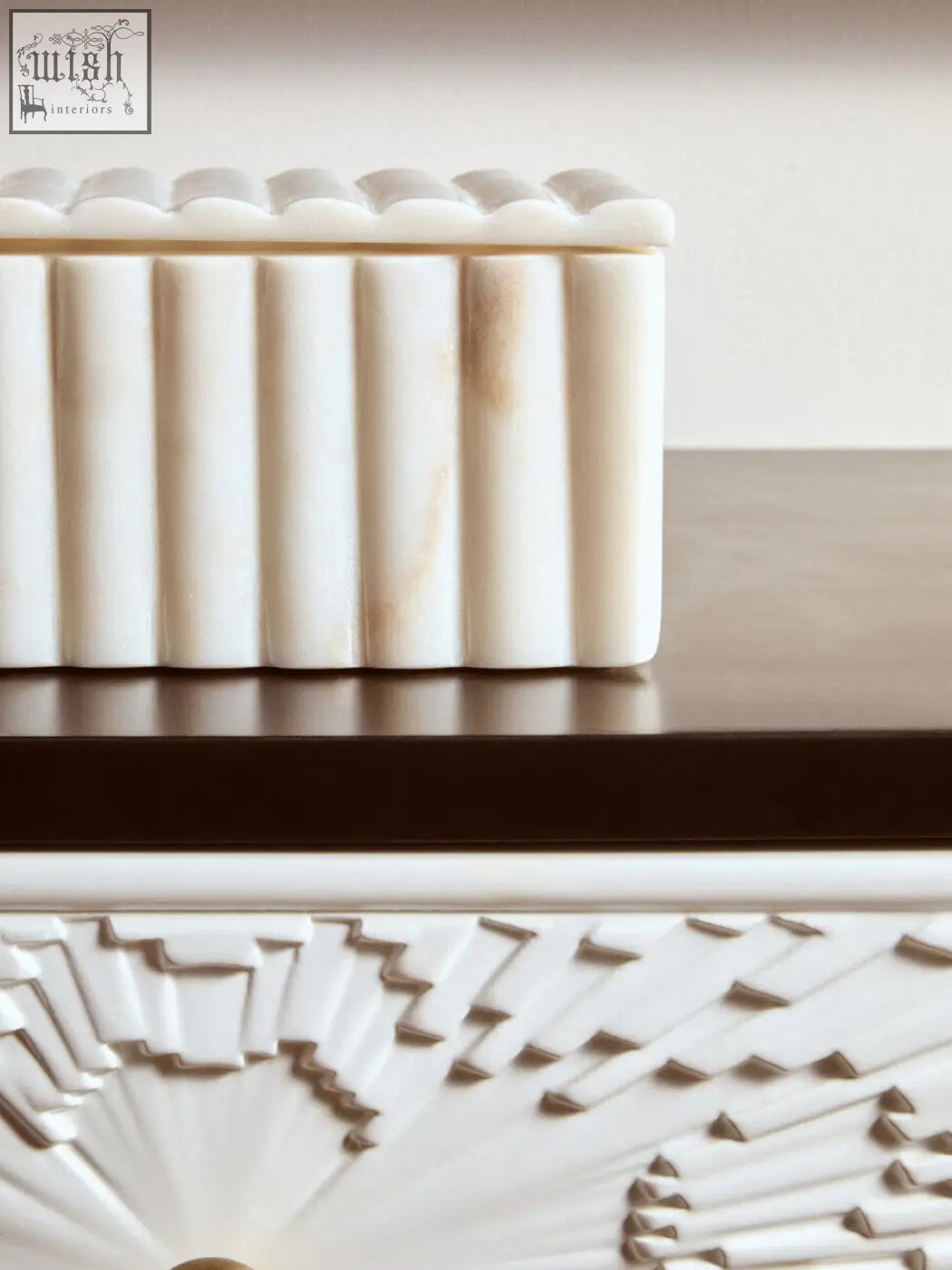 White marble savio rectangular fluted marble box with vertical ridges and a scalloped lid featuring grey veining