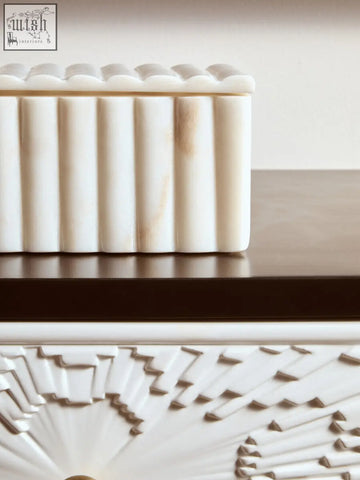 White marble savio rectangular fluted marble box with vertical ridges and a scalloped lid featuring grey veining