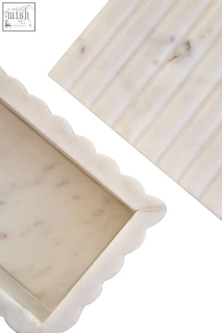 Savio rectangular white marble box with scalloped edges and vertical ribbed texture featuring grey veining