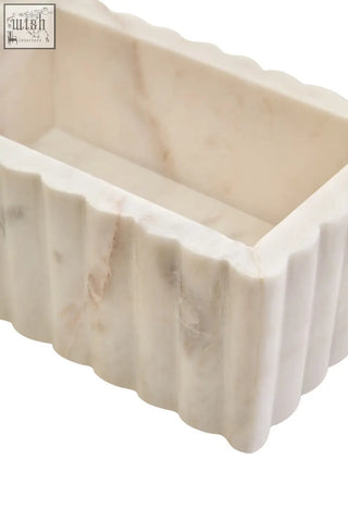 Savio rectangular white marble box featuring off-white marble with grey veining and a fluted ridged edge tray
