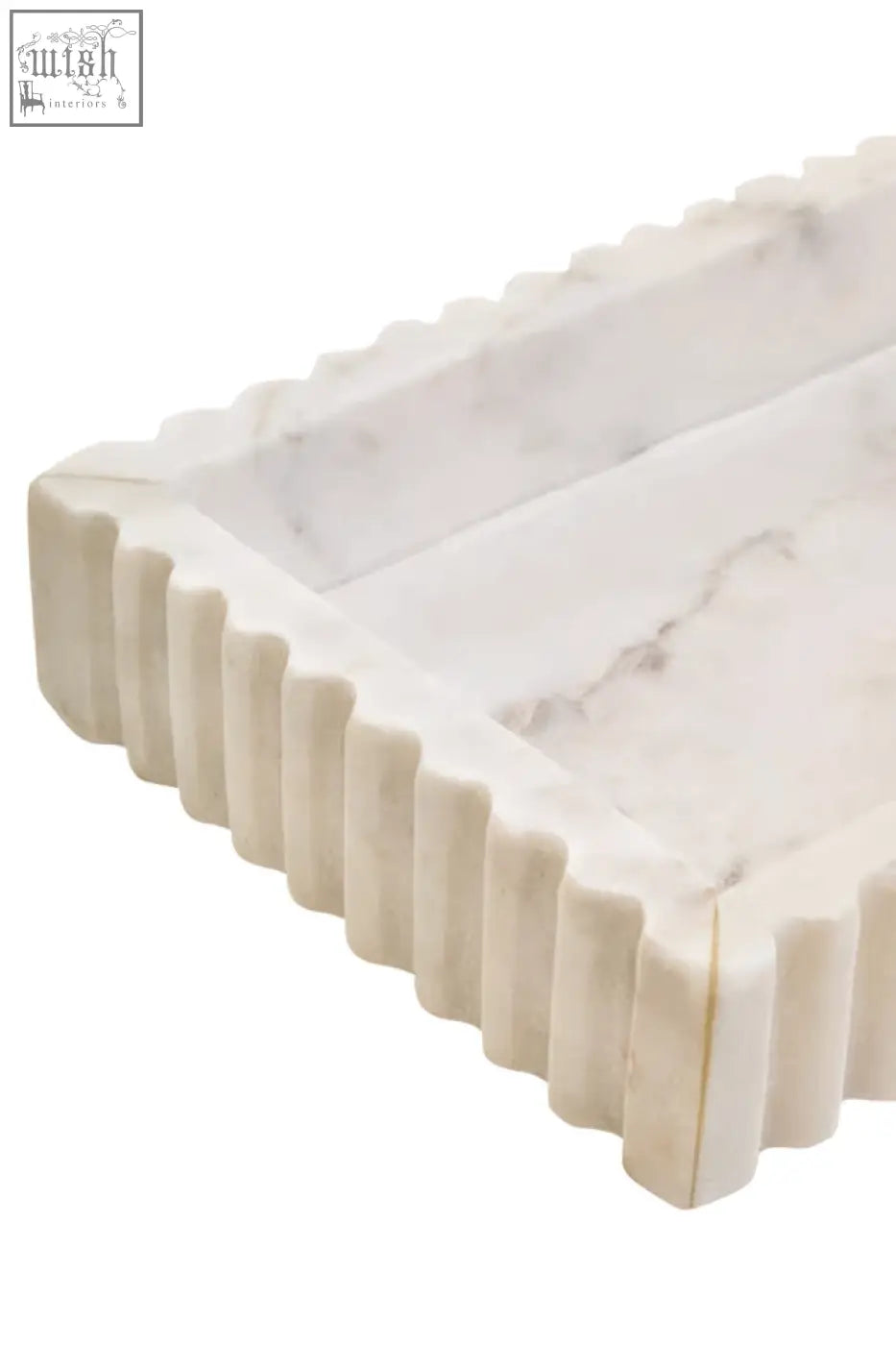 White marble tray with scalloped fluted edges and subtle gray veining perfect as a fluted marble tray centerpiece