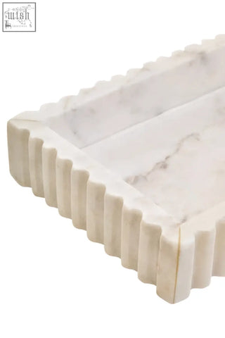 White marble tray with scalloped fluted edges and subtle gray veining perfect as a fluted marble tray centerpiece