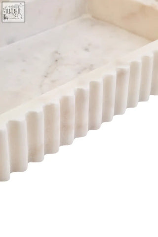 Savio rectangular white marble tray with a subtle veining pattern and decorative fluted edge perfect as a fluted marble tray