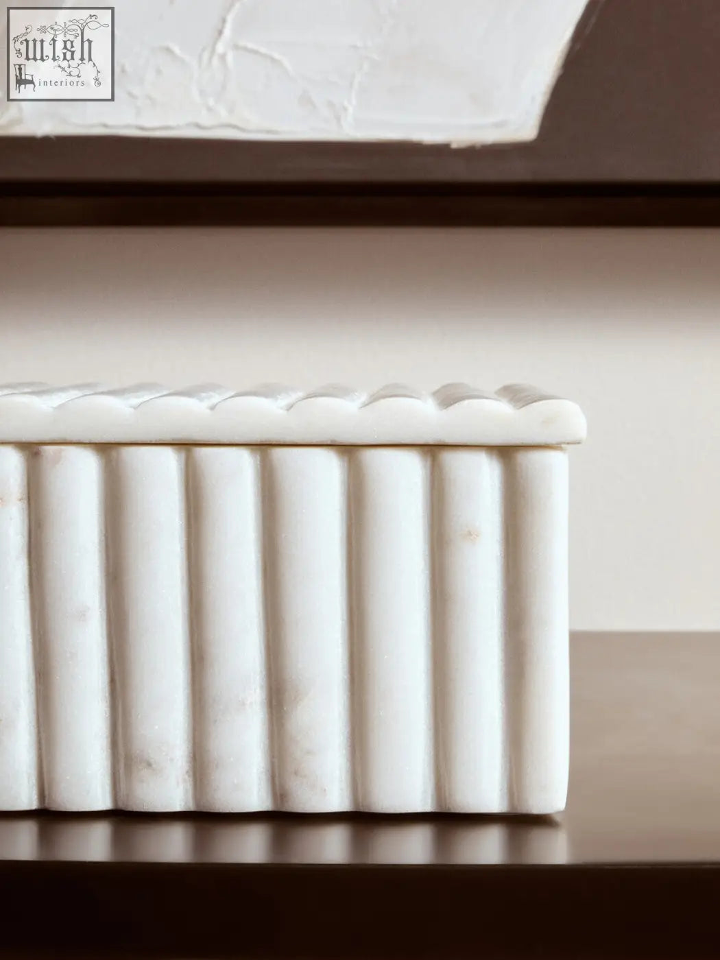 White marble box with vertical fluted sides and scalloped lid perfect for a stylish fluted marble box storage solution