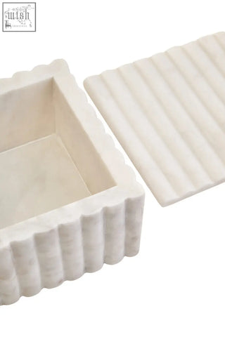 White marble rectangular savio square fluted marble box with scalloped edge and vertical ribbed texture