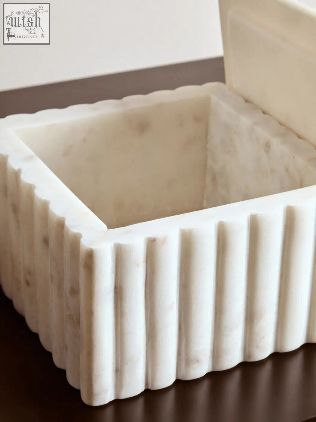Off-white savio square marble box with vertical fluted sides and matching lid stylish fluted marble box