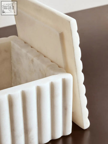 Savio square white fluted marble box with scalloped edge lid and vertical ribbed sides as a stylish marble box