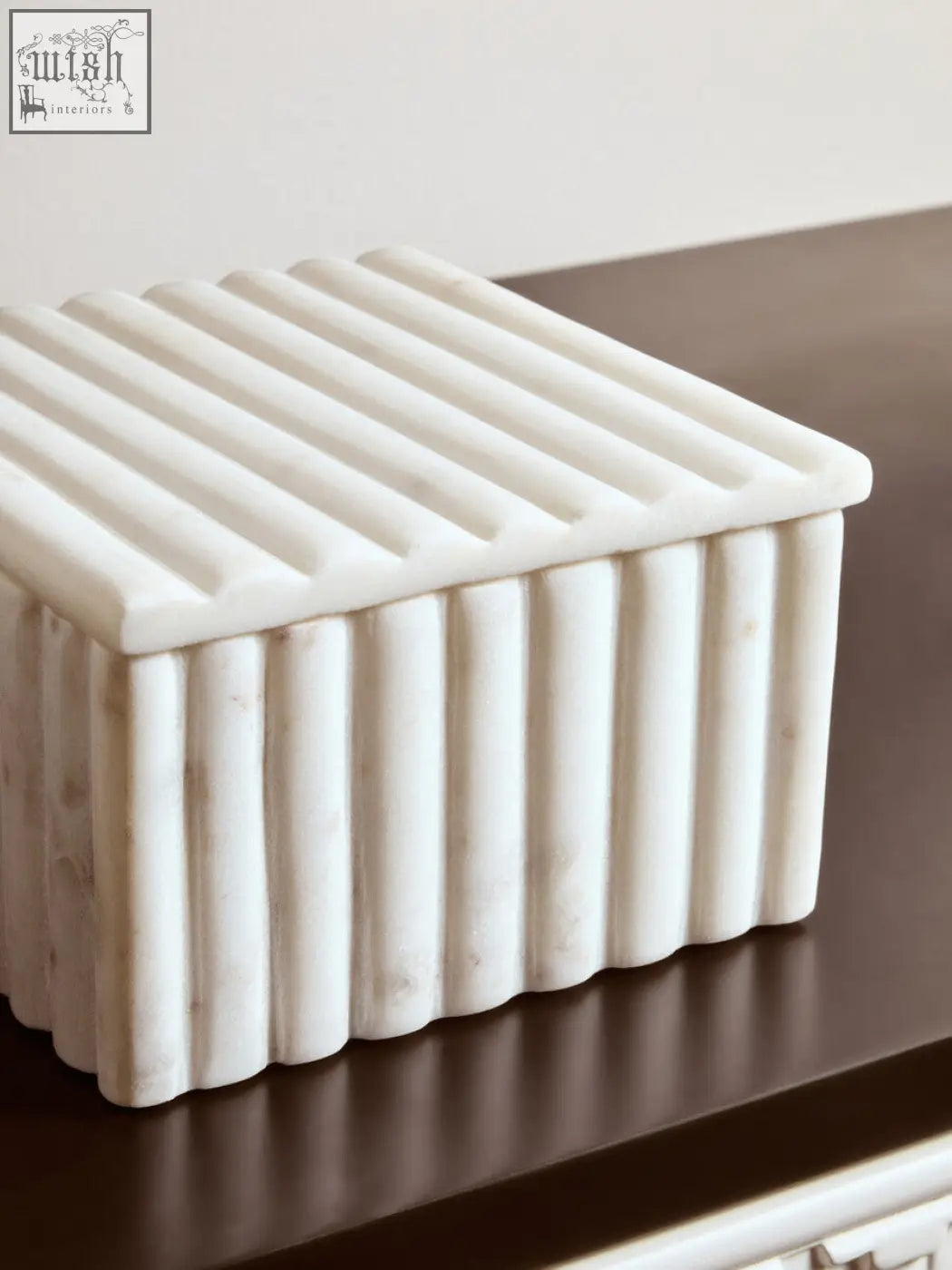 Savio square white fluted marble box with vertical ribbed texture and matching lid made of marble box material