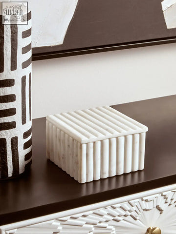 White marble rectangular fluted marble box with vertical ribbed texture savio square marble box