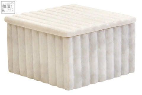 White marble fluted marble box with ribbed texture and matching lid for stylish storage and decor
